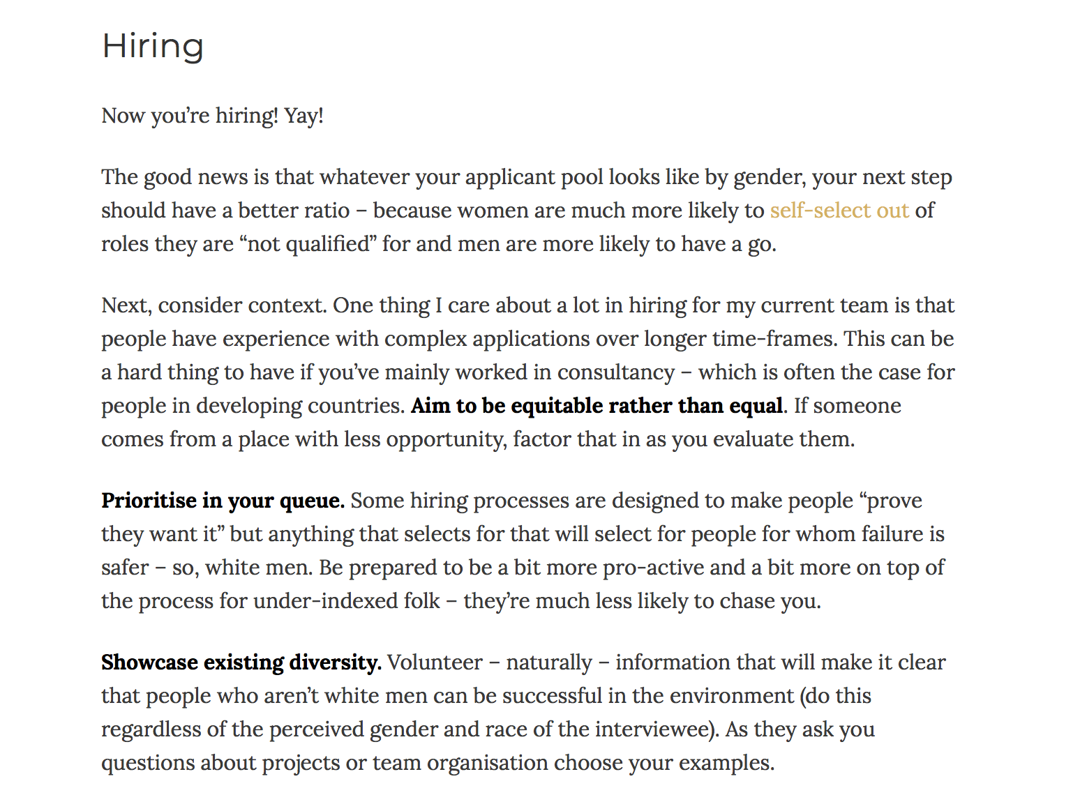 Screenshot from Cate Huston's post about improving diversity in hiring.