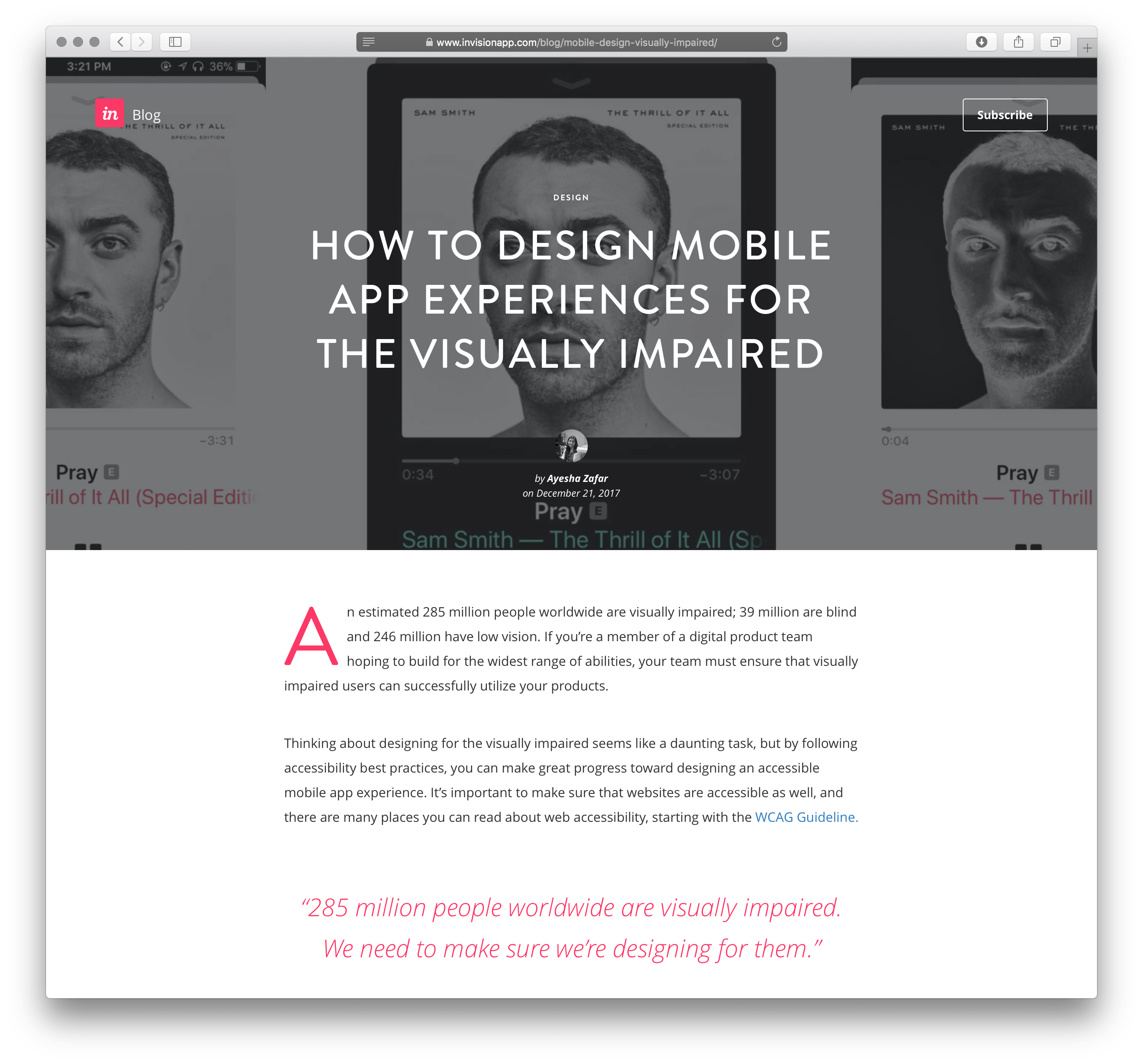 Screenshot showing the Invision app experience of inclusive design