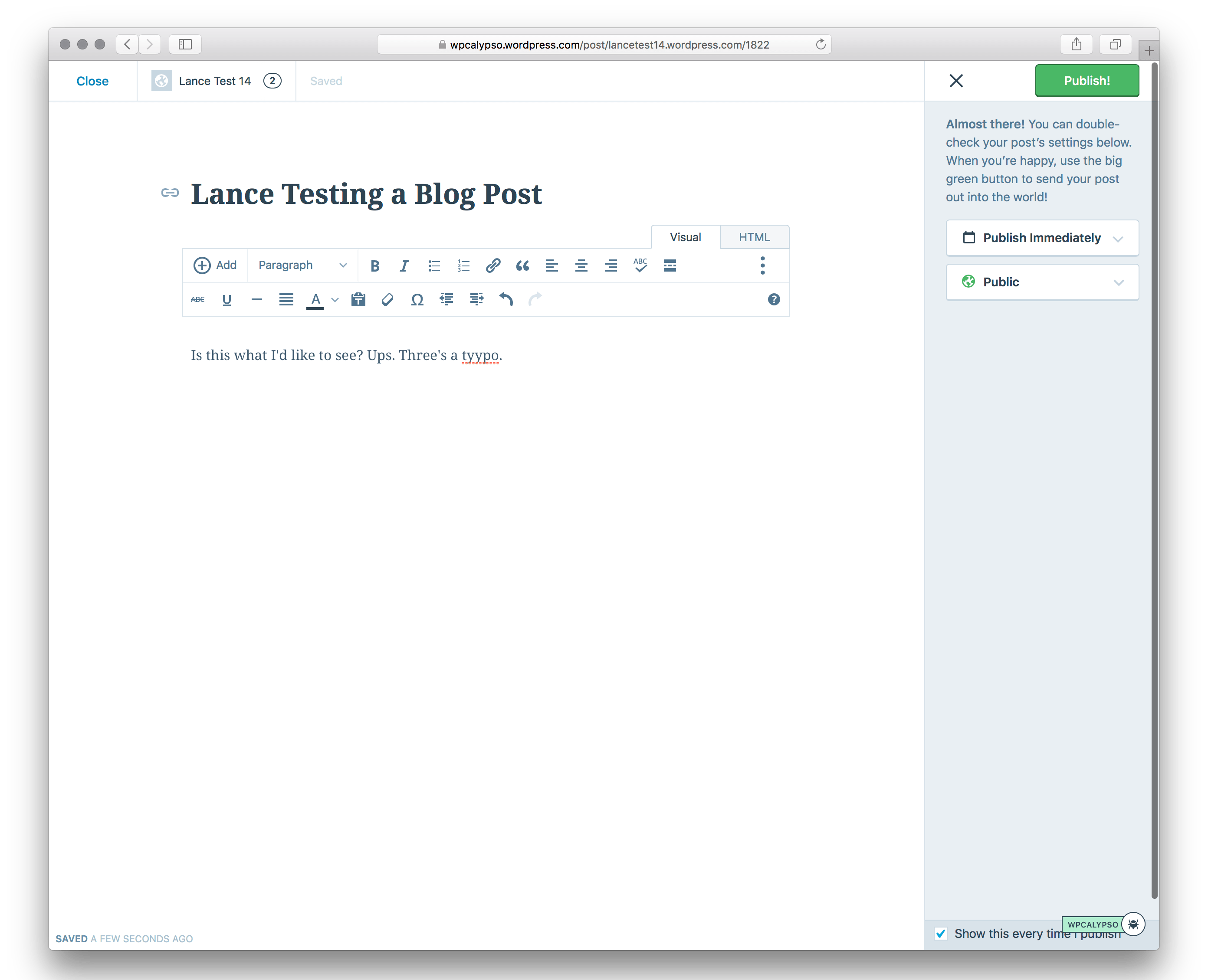 The WordPress.com editor screen
