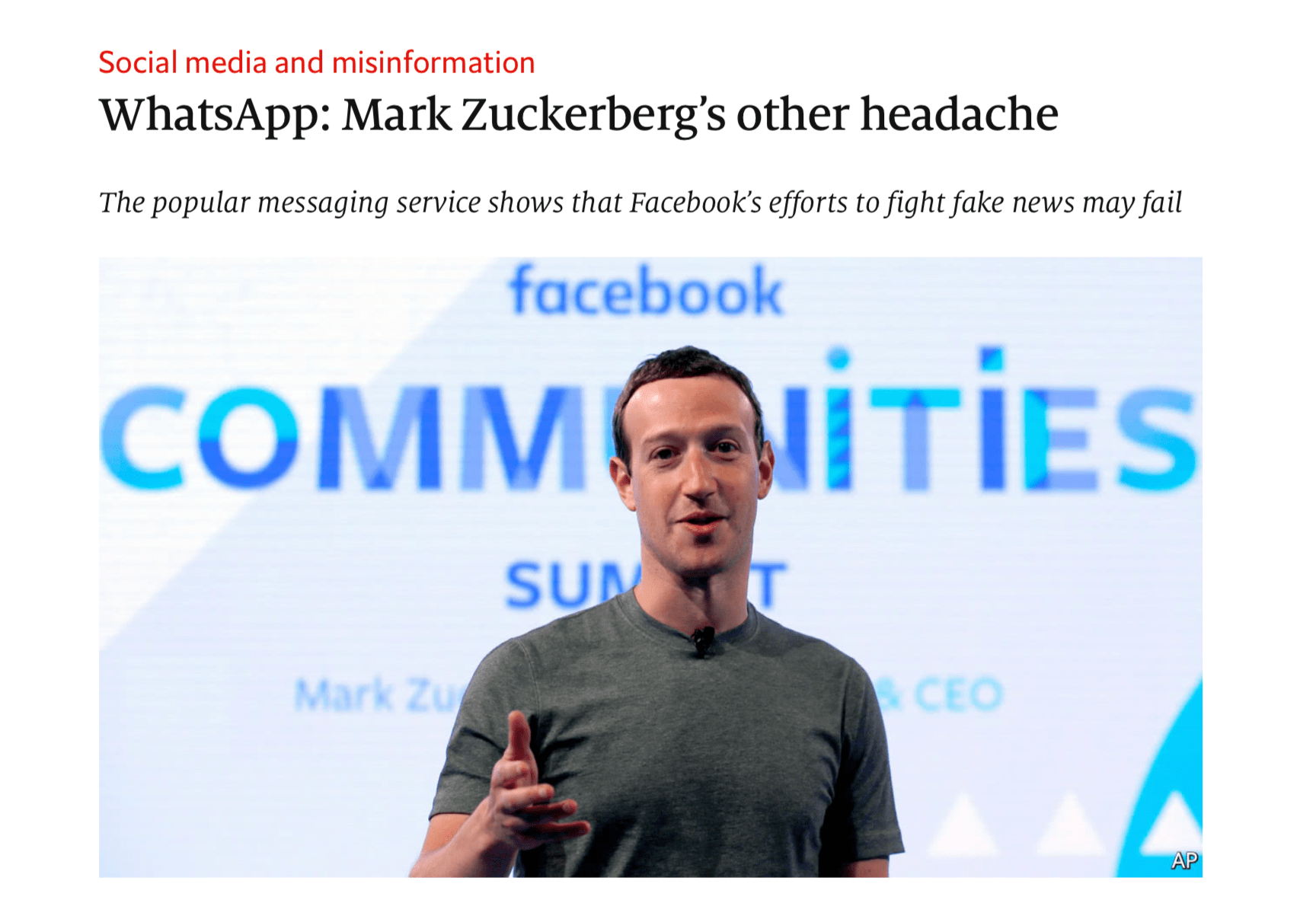 Photo of a story in The Economist about WhatsApp and Facebook