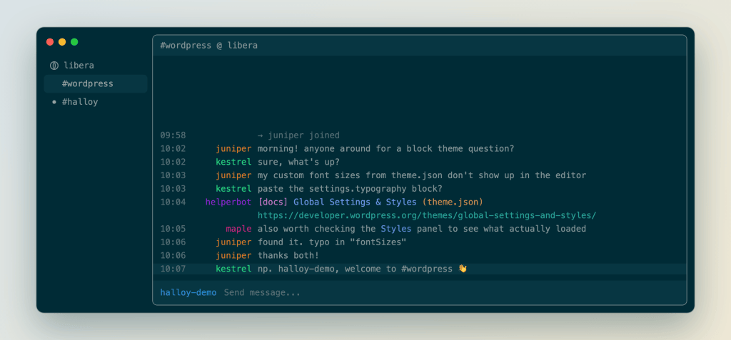 Halloy IRC client in a dark Solarized theme, showing a #wordpress chat on Libera.Chat